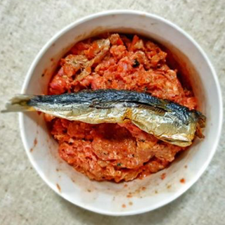 Raw dog food topped with catch of the day small oily fish